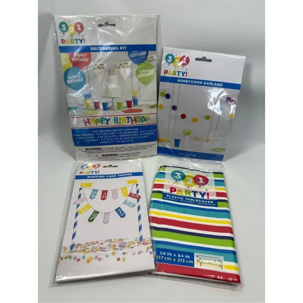 D33 4 piece Party Decorations- gender neutral party decor and tablecloth